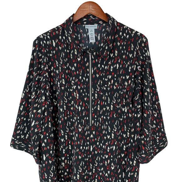 Catherines Blouse 1/2 Zip Black Red Pattern 3/4 Sleeve Office Women's 1X 18/20W - Picture 2 of 7